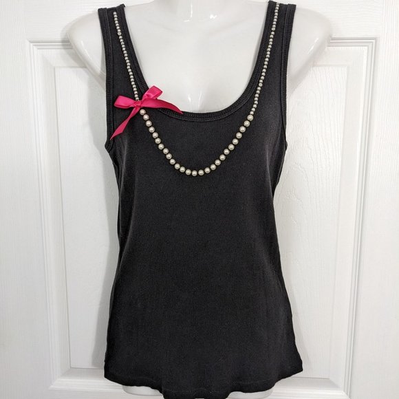 Victoria's Secret Tops - Victoria's Secret Black Ribbed Tank Faux Pearls & Bow Trim Top - size S